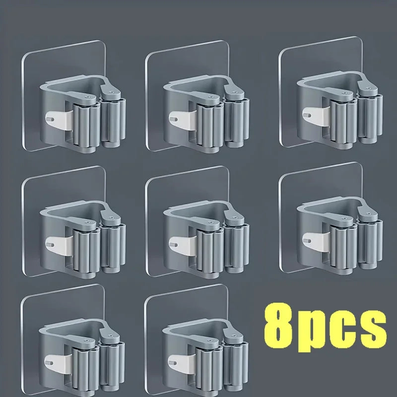 porte balai adhésif support murale rangement moderne salle bain outils nettoyage hooks gris clair