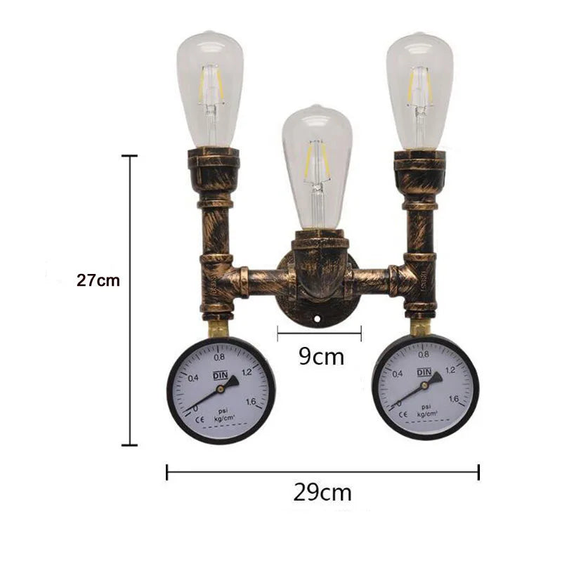 Lampe murale industrielle rétro bronze noir deux ampoules edison manomètres décoratifs fixations vis 27cm