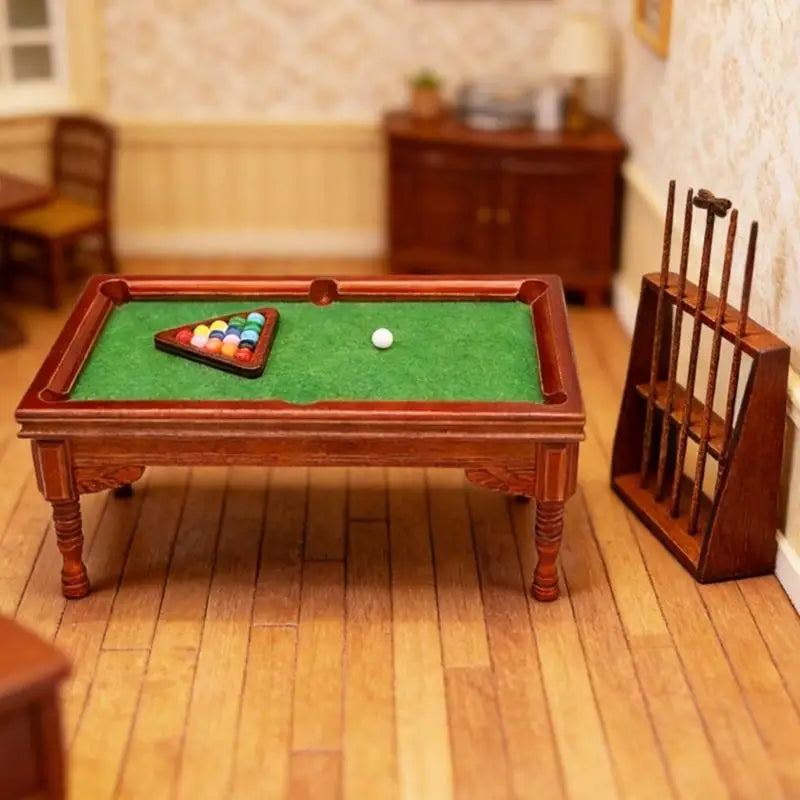 billard miniature bois classique tapis vert billes queue support accessoires maison poupées 12