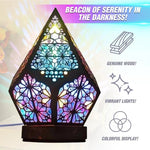 lampe table boho chic motifs géométriques multicolore rouge bleu vert jaune lumière led translucide