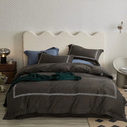 ensemble literie coton brodé gris foncé bleu vert olive moderne taies oreillers couverture
