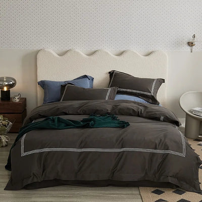 Parure de lit coton brossé gris foncé broderie