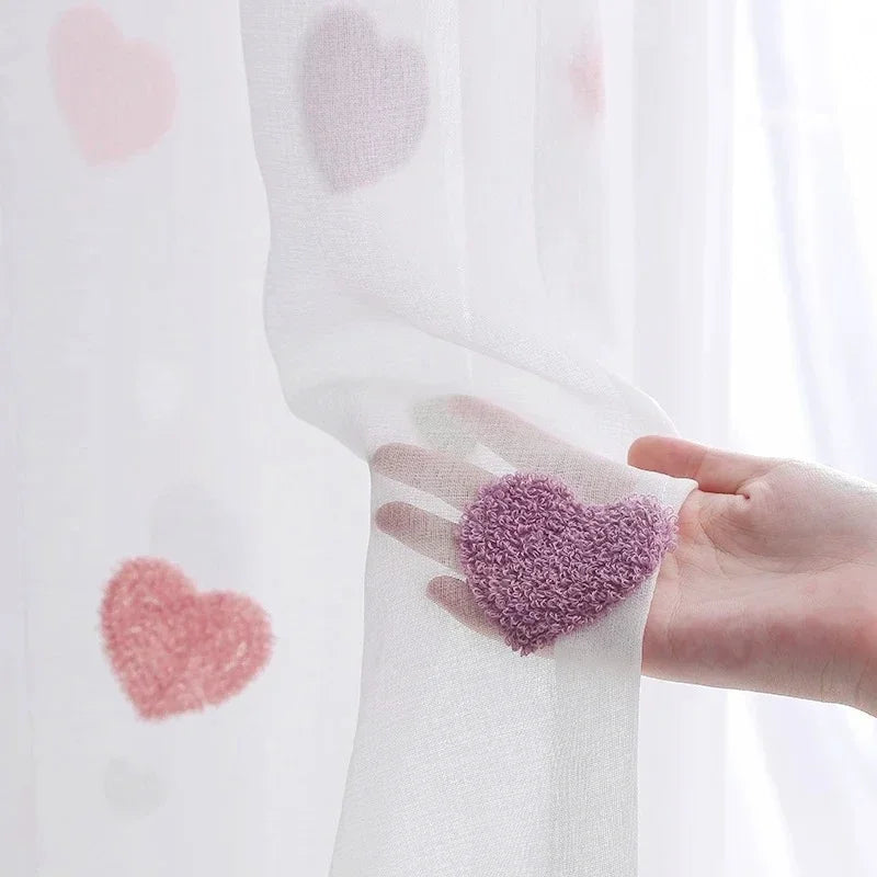 Rideau voile rose coeurs relief moderne translucide maison hospitalière tulle polyester
