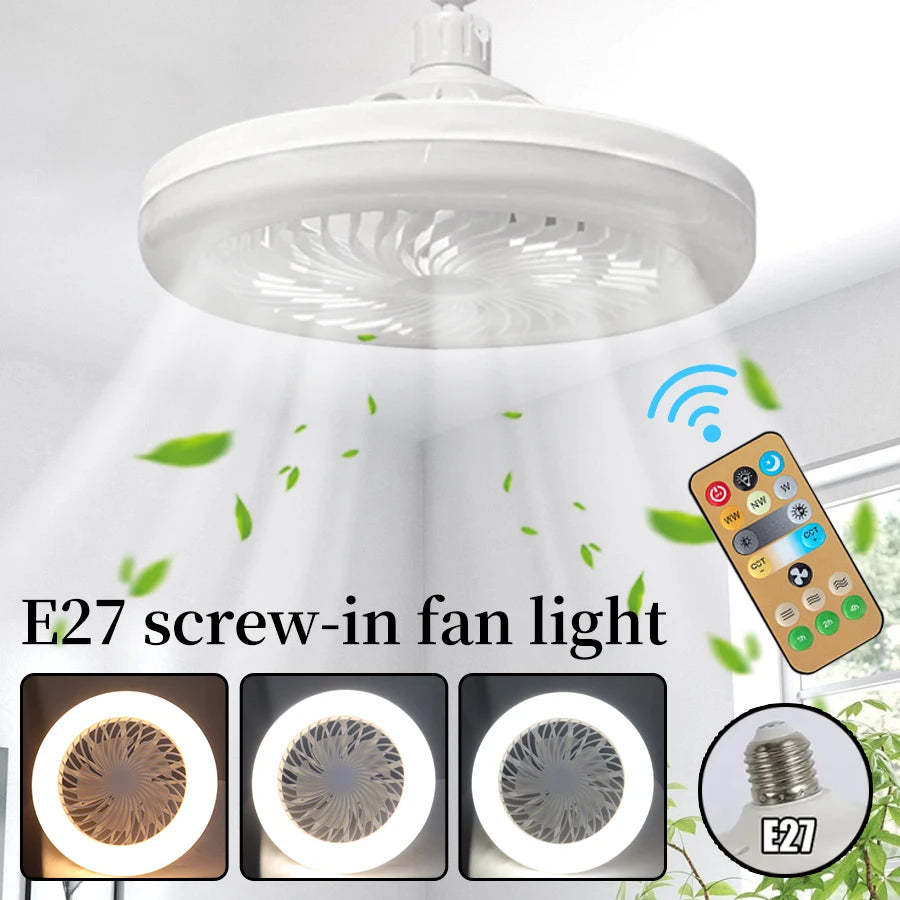 ventilateur lampe led e27 moderne télécommande blanc grille trois vitesses timer
