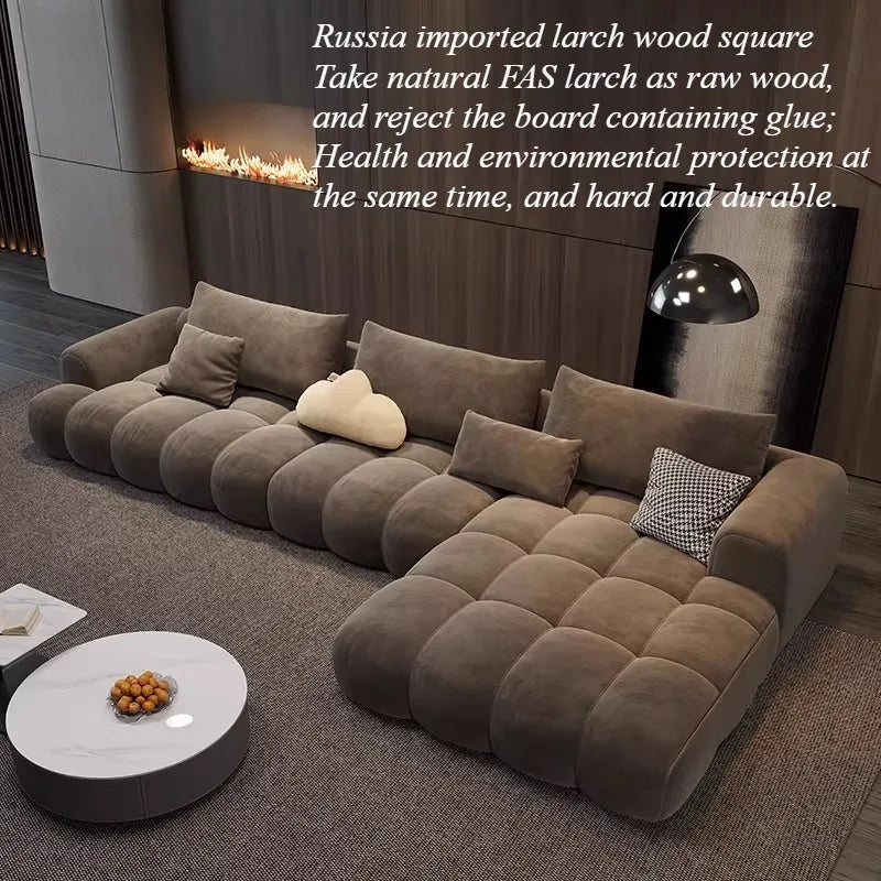 canapé moderne marron clair velours forme 300cm salon bois minimaliste coussins cœur