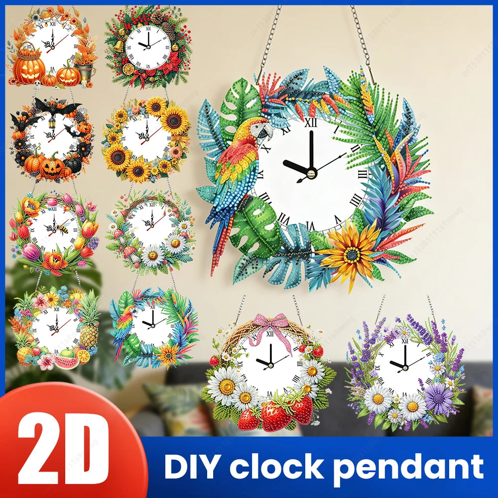 horloge suspendue 2d fleurs oiseaux motifs géométriques blanc multicolore métal chaines