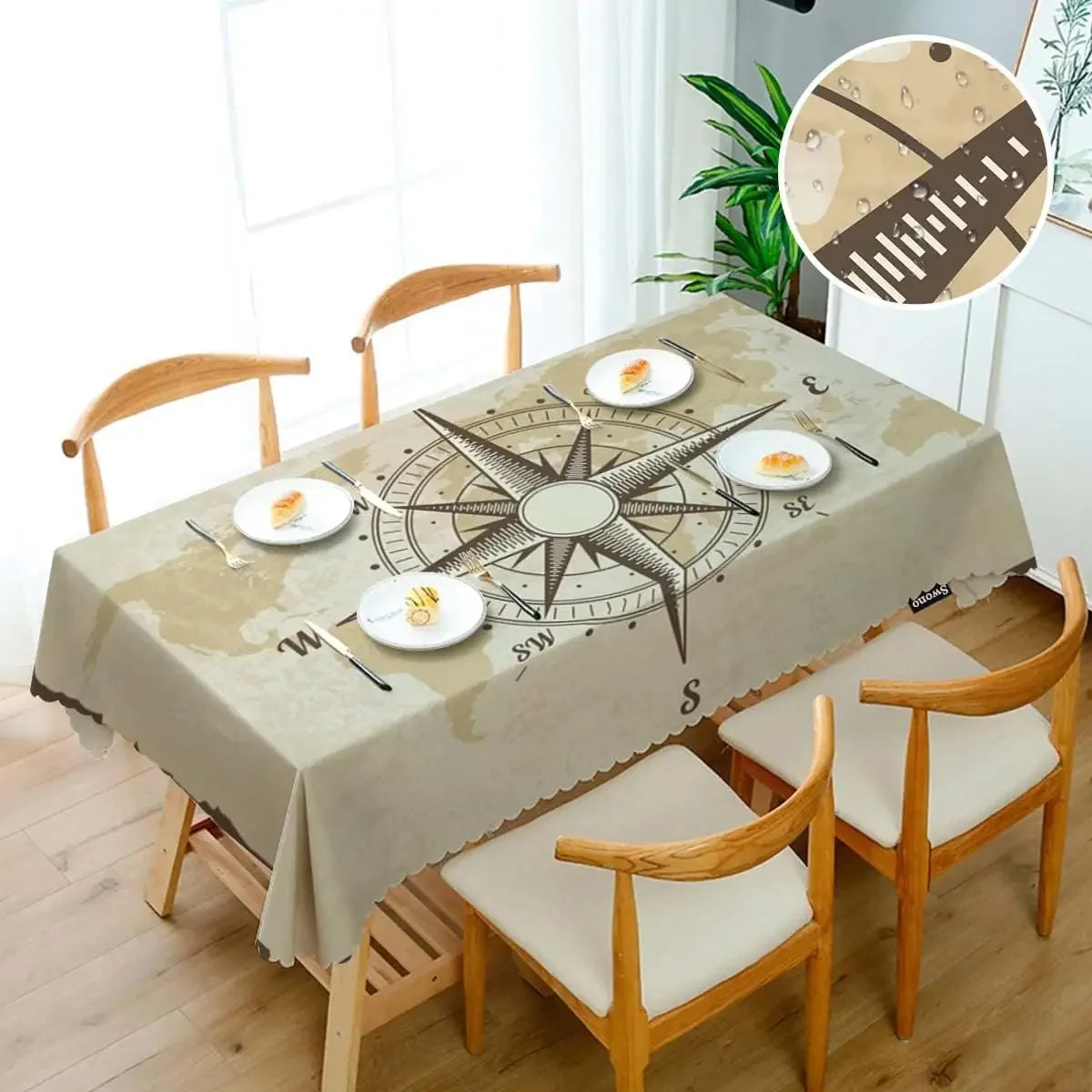 nappe rectangulaire carte marine motif géométrique polyester beige gris vintage table manger
