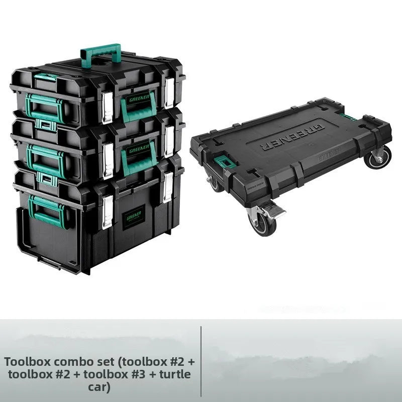 boîte outils modulaire noire verte pratique robuste poignées roulettes empilable grande capacité
