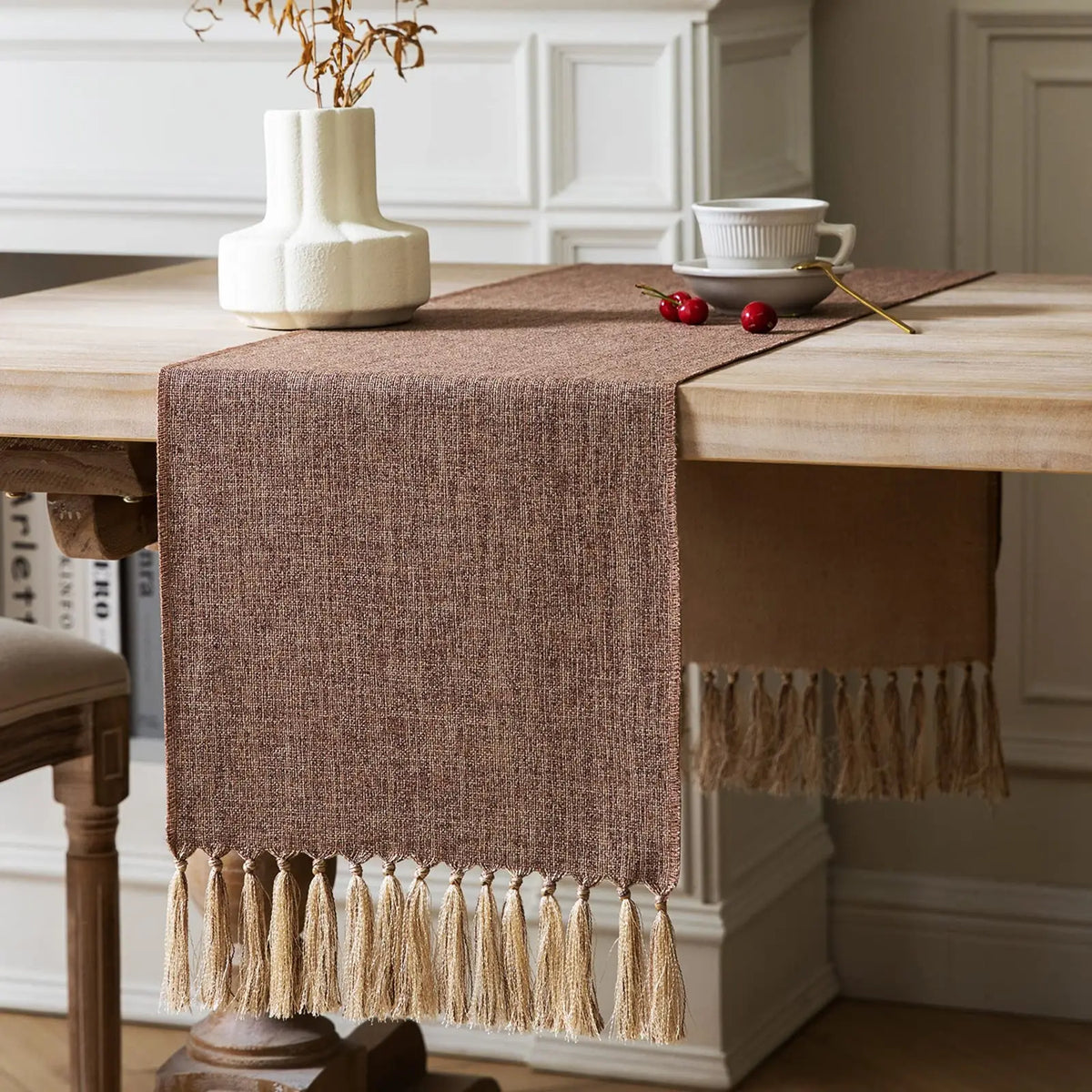 chinois table chemin marron lin texture classique tassel doré