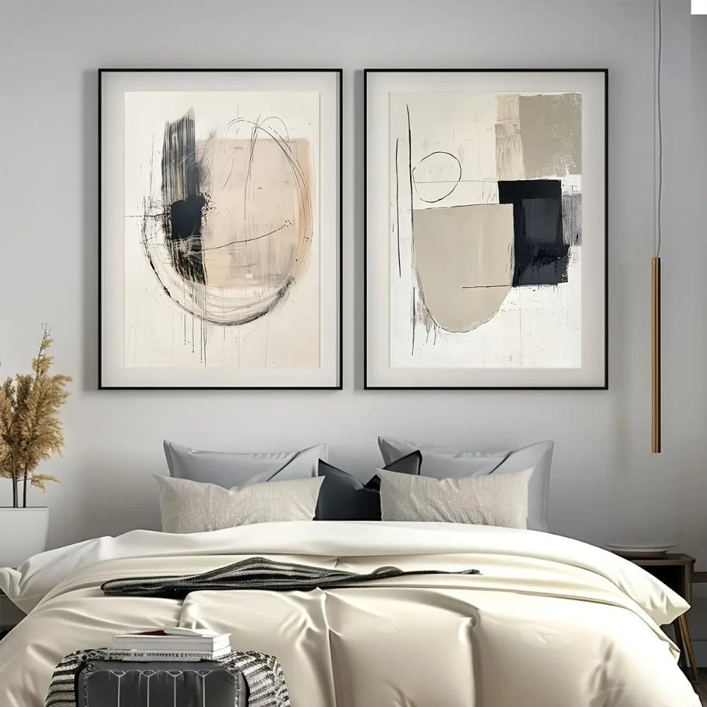 toiles d'art abstrait contemporaines minimalistes beige noir blanc géométriques sans cadre