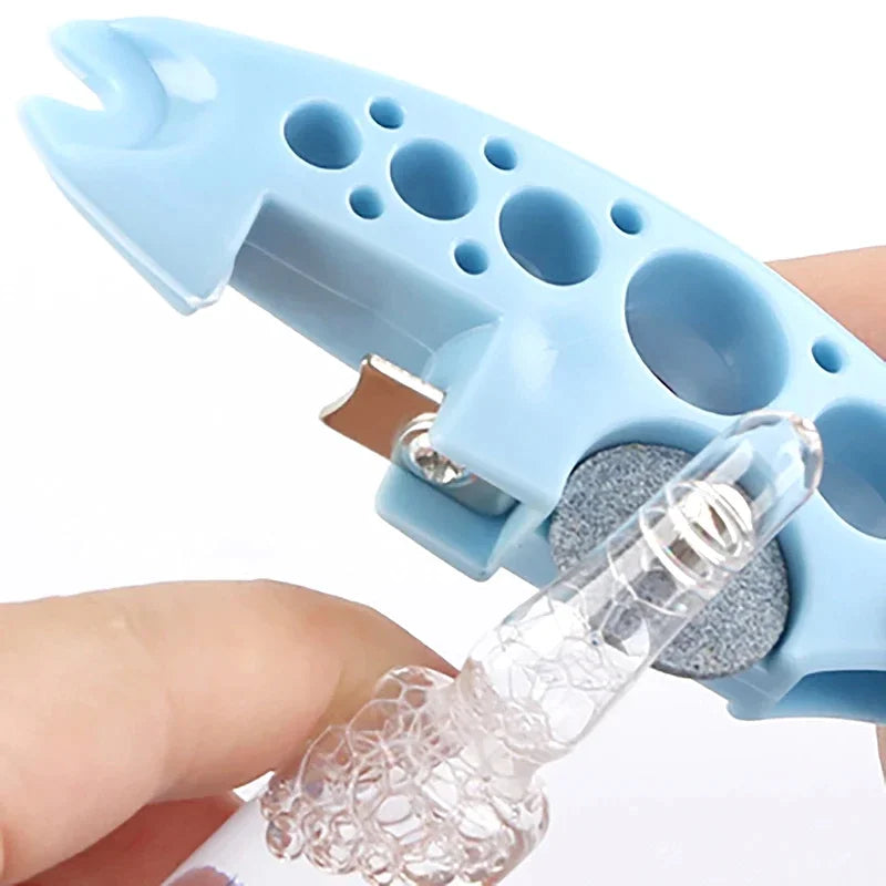 outil débouchage bouteilles bleu rose blanc texture caoutchouc perforations ergonomique vis interchangeable