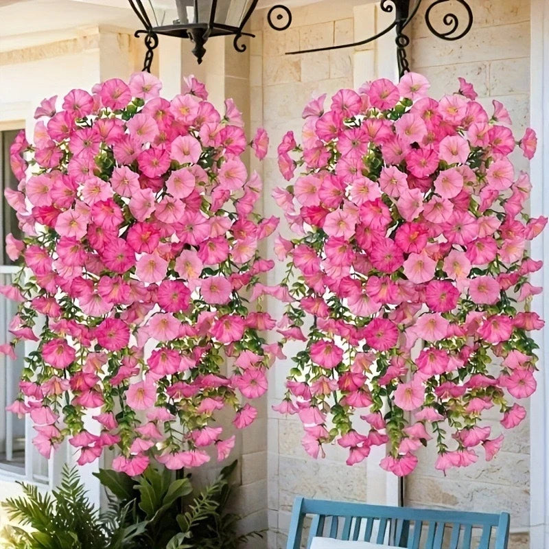 fleurs artificielles suspendues rose orange jaune vert petunia eucalyptus moderne chaînes métalliques extérieur anniversaire