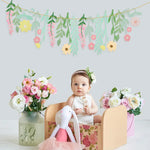 guirlande papier feuilles fleurs vert rose jaune pêche floral enfantin festif fil doréscrição