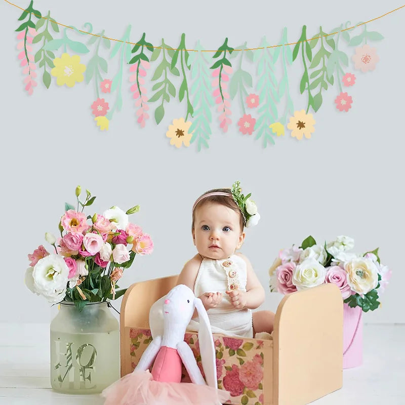 guirlande papier feuilles fleurs vert rose jaune pêche floral enfantin festif fil doréscrição
