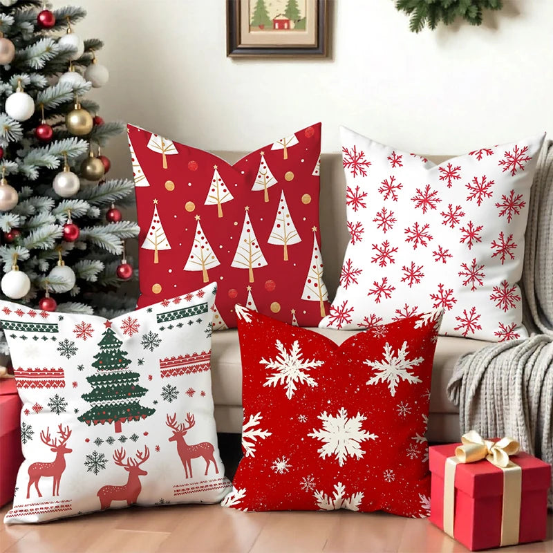 taies d'oreiller polyester motifs sapins rennes flocons noël traditionnelles decoration hiver rouges vertes blanches