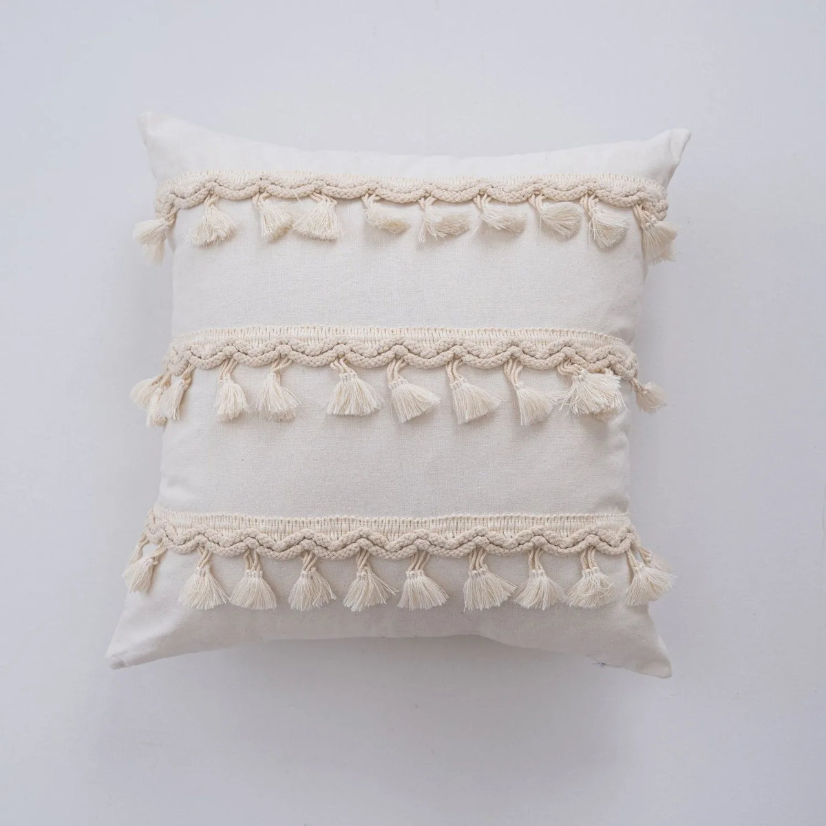 coussin carré bohème franges blanches beige décor maison tissu polyester simple 60x60cm