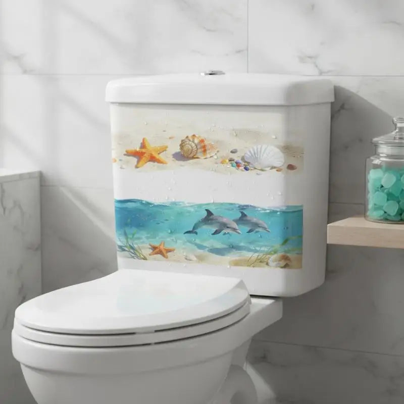 cache wc moderne autocollant dauphins étoiles mer coquillages océan blanc bleu orange
