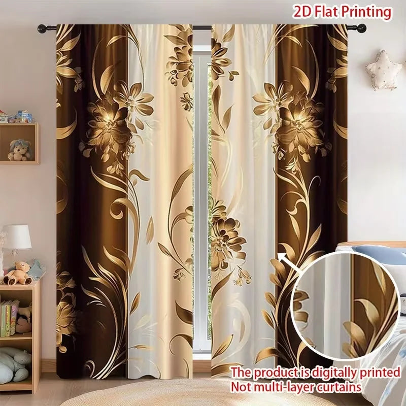rideaux polyester fleurs dorées marron moderne fenêtre 24x59 30x65 41x91 51x83