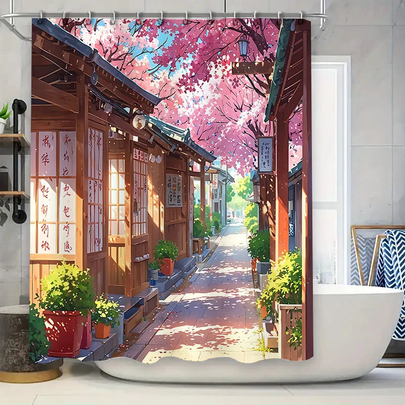 rideau douche artiste scénique fleurs cerisier opalescent annelures métalliques multicolore durable