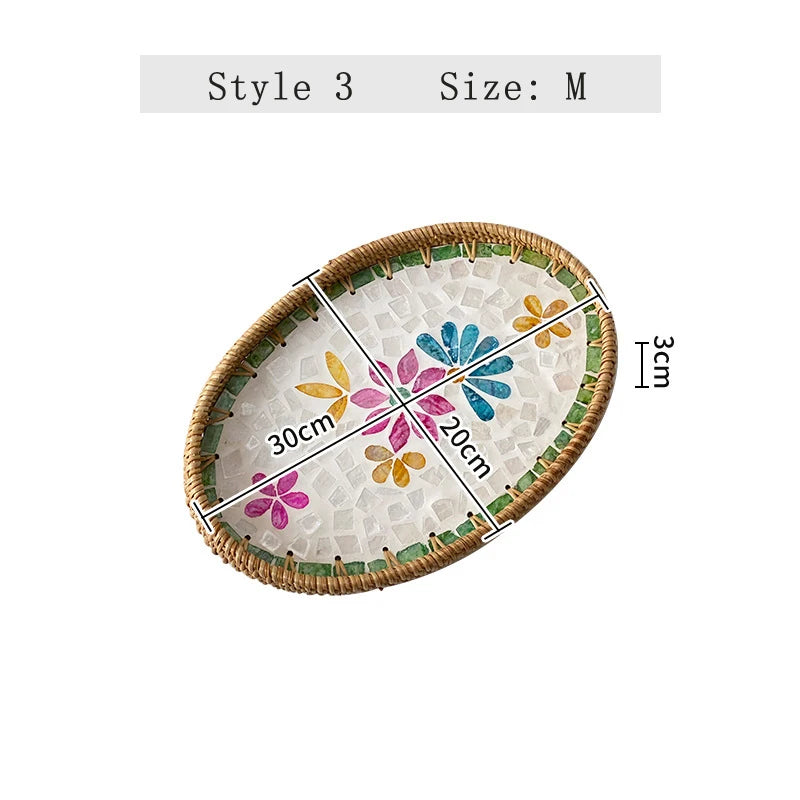 assiettes ovales rotin mosaïque coquillages boho rustique multicolore thé collations
