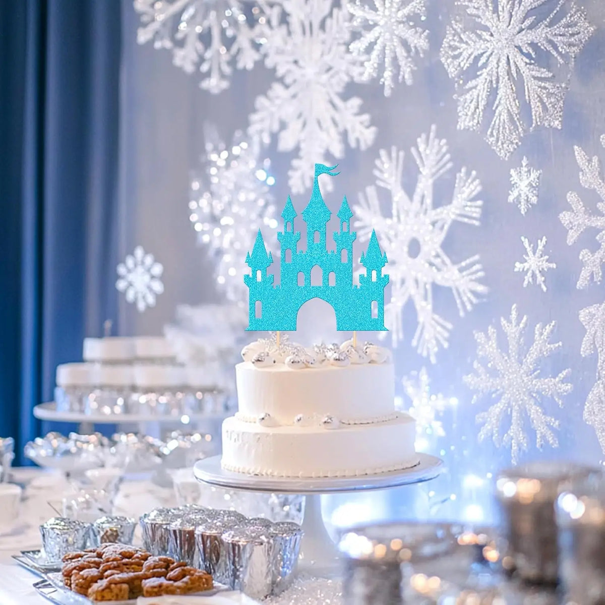 décoration gâteau château glitter princesse doré bleu rose anniversaire fête piquettes bambou