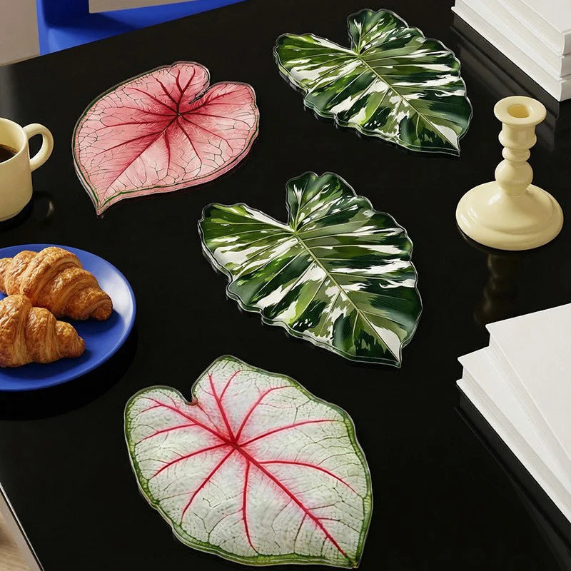 coasters feuilles tropicales vert blanc rose antidérapants moderne protége comptoir cuisine