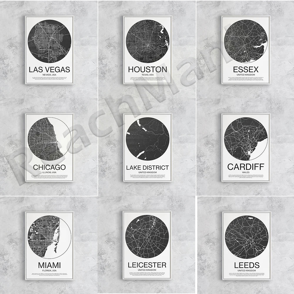 Cette image présente une collection de cartes urbaines de différentes villes du monde, dans un style sobre et minimaliste. Chaque carte met en évidence le réseau routier de la ville correspondante sur un fond sombre, avec le nom de la ville au centre.