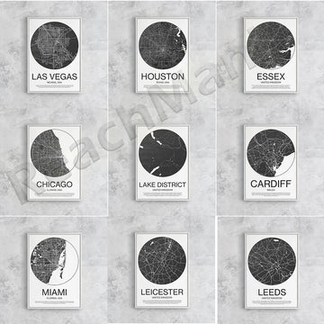 Cette image présente une collection de cartes urbaines de différentes villes du monde, dans un style sobre et minimaliste. Chaque carte met en évidence le réseau routier de la ville correspondante sur un fond sombre, avec le nom de la ville au centre.