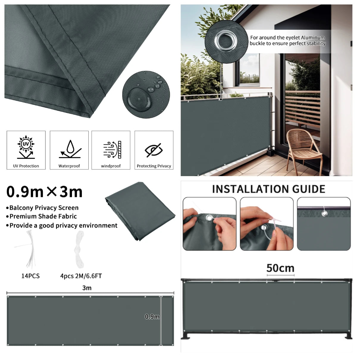rideau balcon gris rayures moderne clips câbles 90x500cm 90x600cm 90x300cm 75x600cm