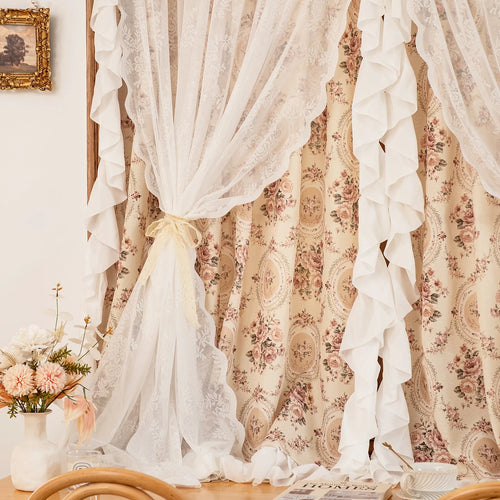 rideau double couche dentelle fleurs beige classique romantique translucide fenêtre salon chambre maison