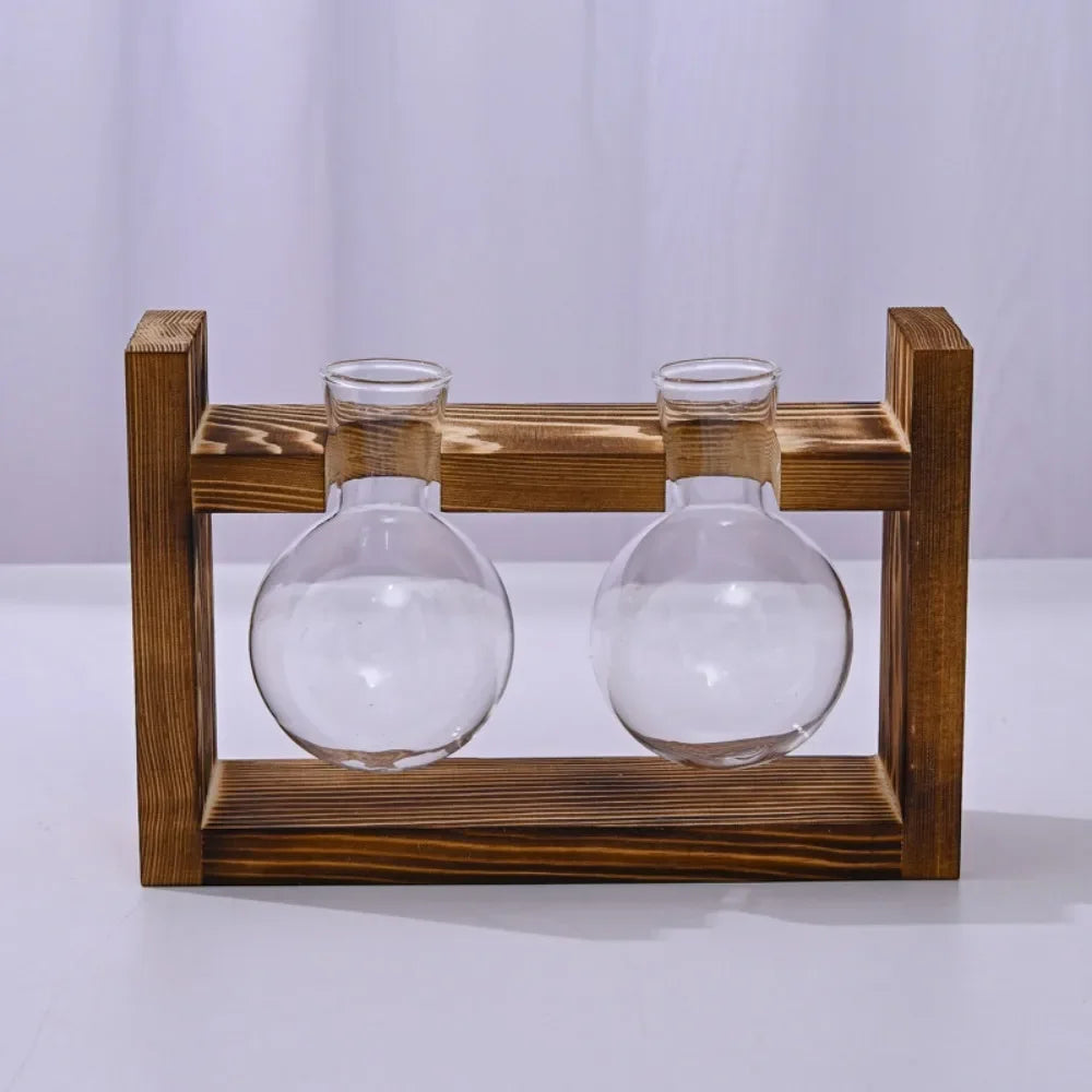 support plante verre moderne bois marron clair vase table decoration maison transparent naturel