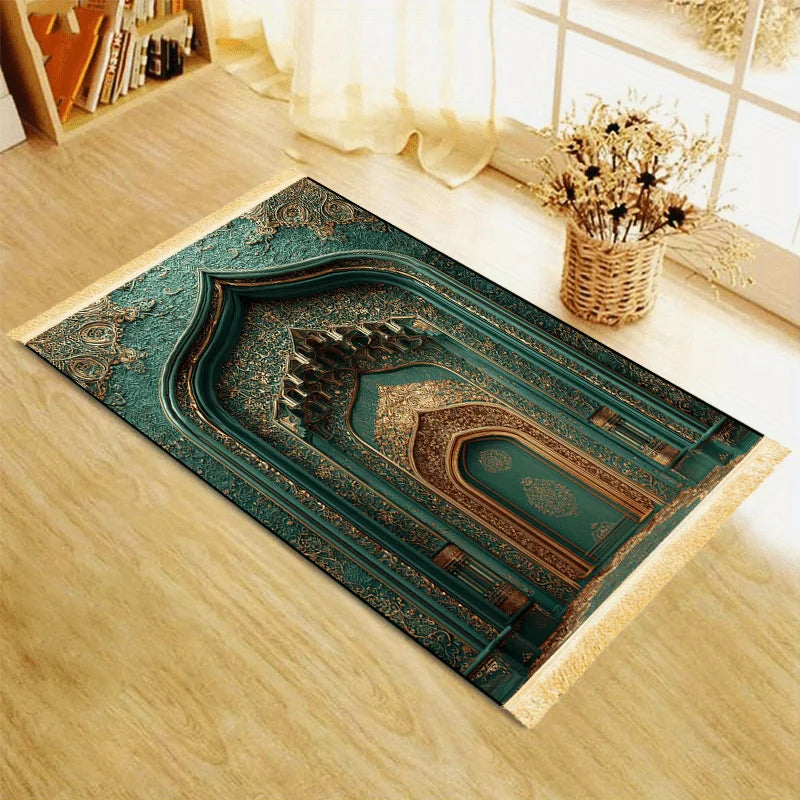 tapis prière vert or arches géométriques résistant décoloration antidérapant traditionnel usage extérieurintérieur
