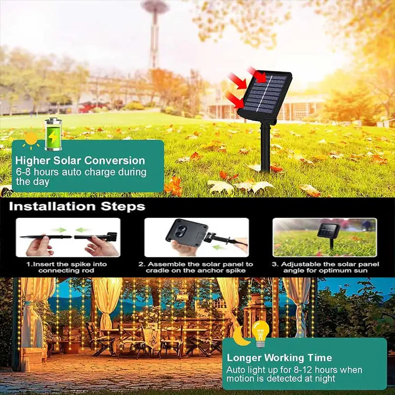 guirlande lumineuse solaire jaune rideau blanc extérieur decoration pergola arbres fleurs