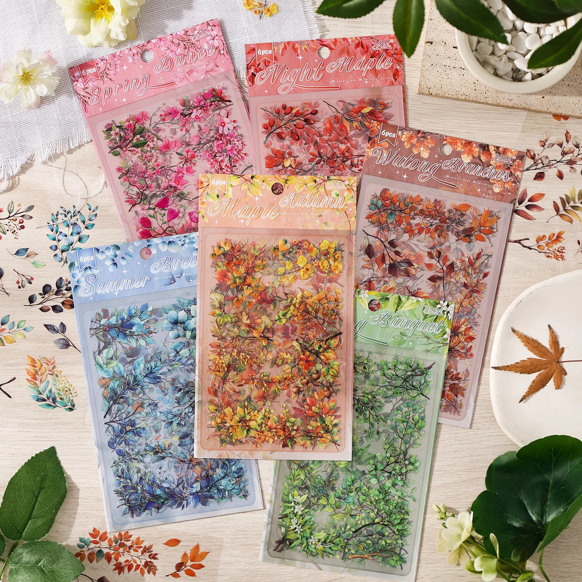 autocollants transparents feuilles branches diverses couleurs adhésif scrapbooking collage diy journal
