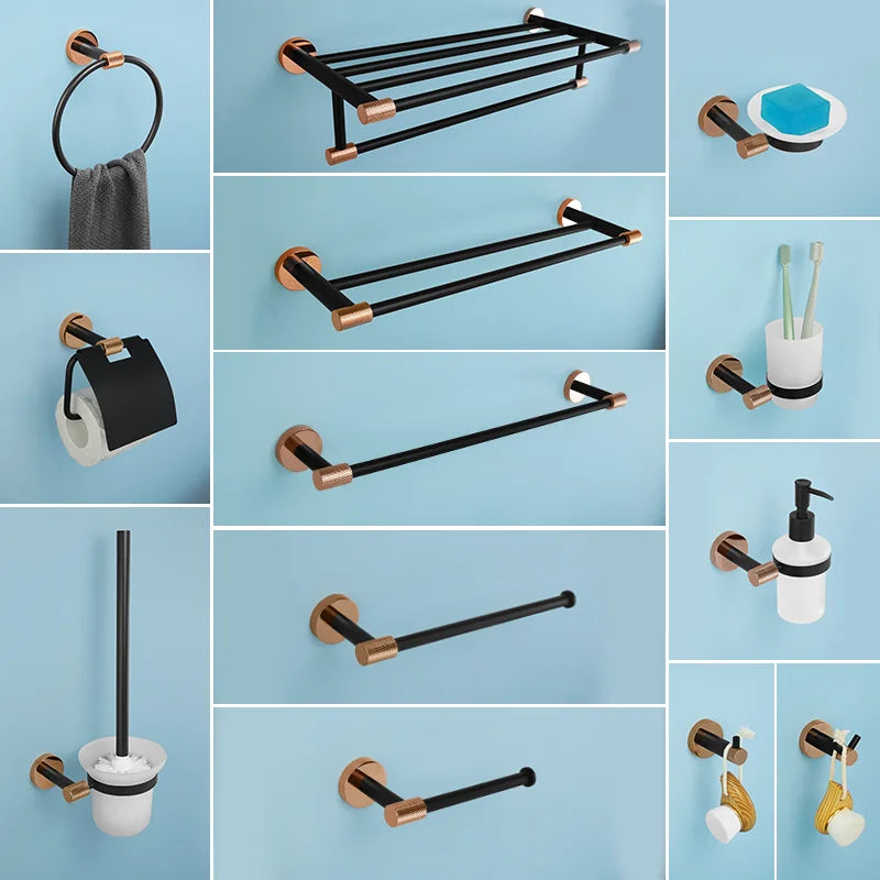accessoires salle bain moderne porte serviettes noir cuivre doré fixations murales minimalistes