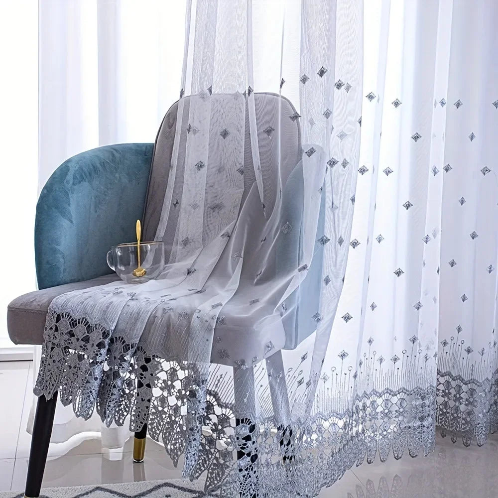 rideau brodé transparent gris blanc moderne maison polyester
