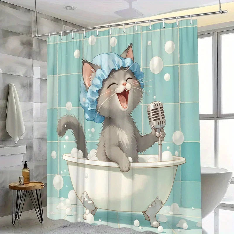 rideau douche chat baignoire bleu clair gris blanc illustration animée métalliques moderne