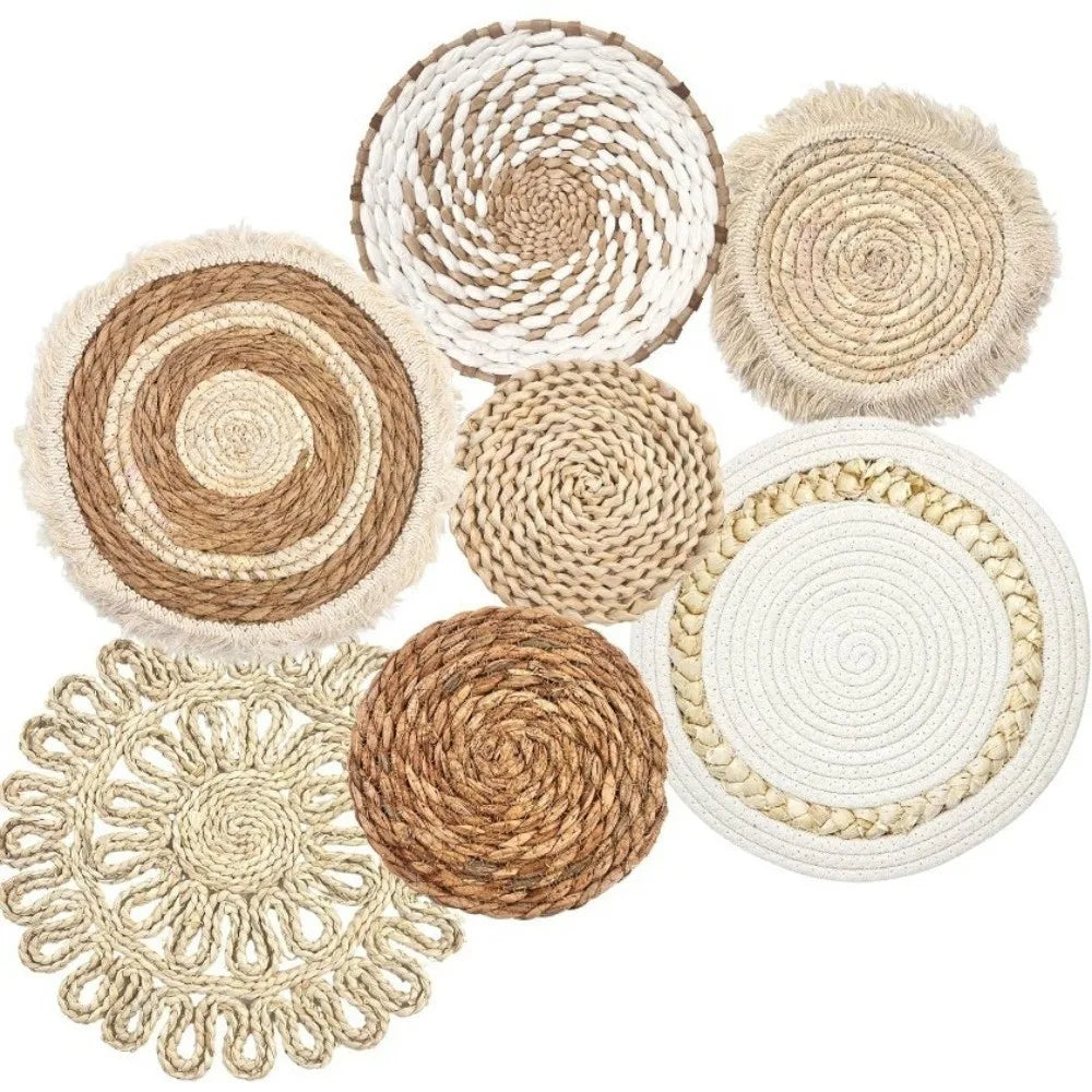 assiettes décoratives boho spirales franges naturel beige noir blanc rustic murales tressées