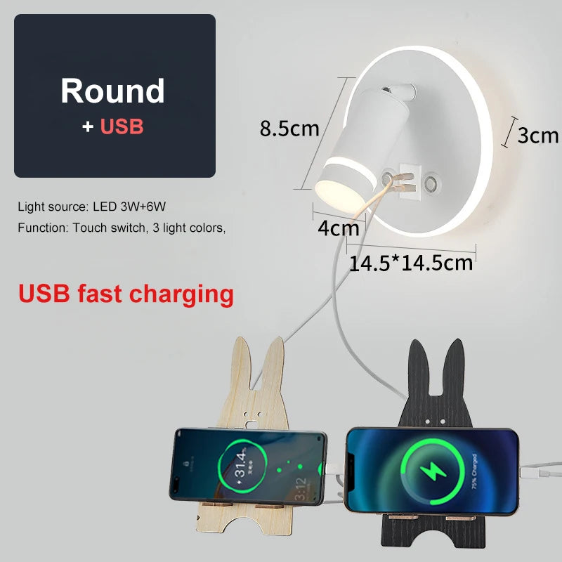 Lampes murales LED modernes prise USB éclairage ambiant noir blanc doré
