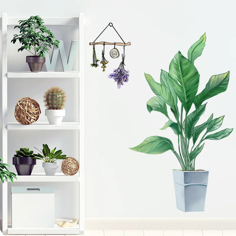 sticker mural plante verte feuilles réaliste auto adhésif pvc résistant eau moderne chambre salon