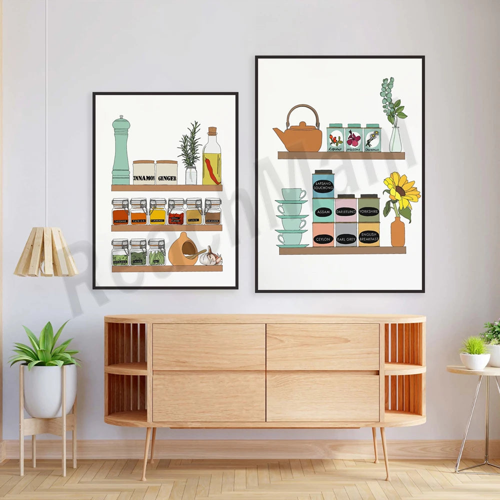 Deux cadres encadrant des étagères de cuisine avec des épices, des contenants de thé et une théière.