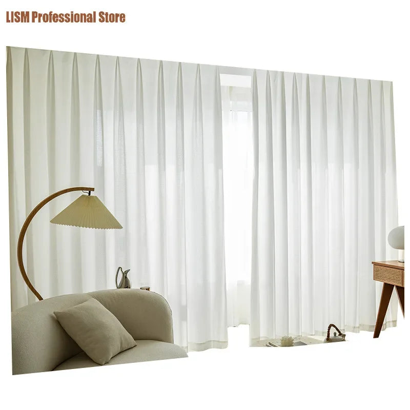 rideau blanc semi transparent moderne motif géométrique fin fenêtre salon maison