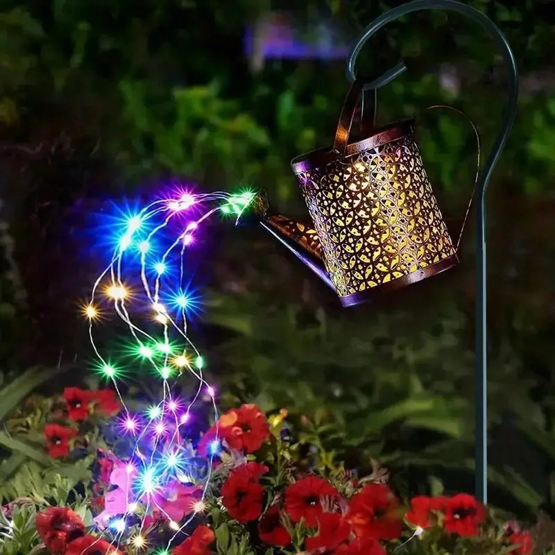 arrosoir lumineux solaire or noir artisanal rustique interrupteur panneau solaire crochets métalliquesextérieur led jardin