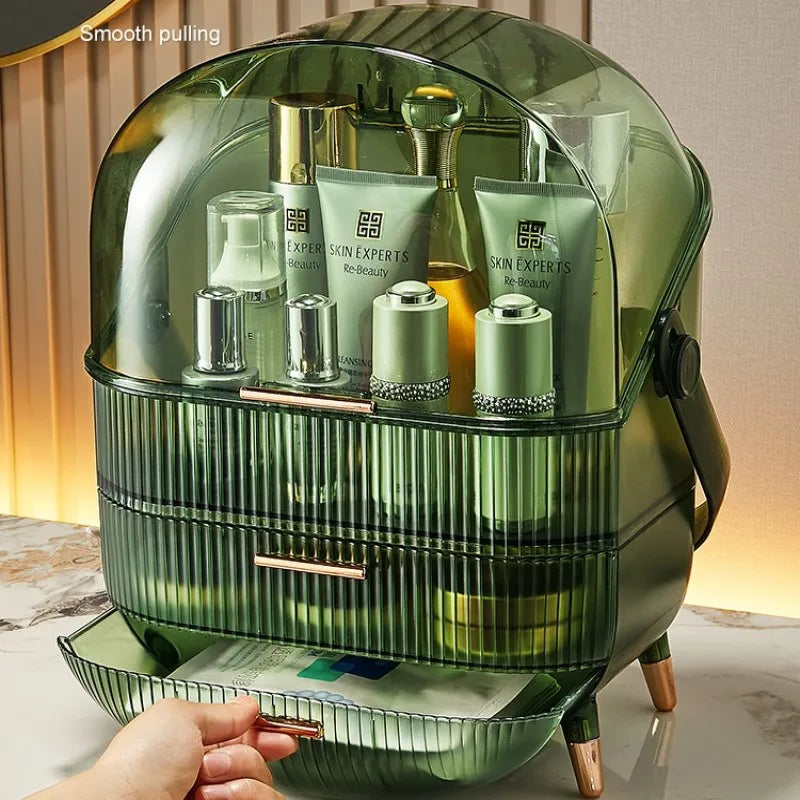 boîte rangement cosmétique moderne noir vert élégante deux étages poignées skincare makeup caddy