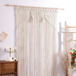 rideau macramé coton beige clair motif géométrique franges boho chic décoration intérieur séparation porte