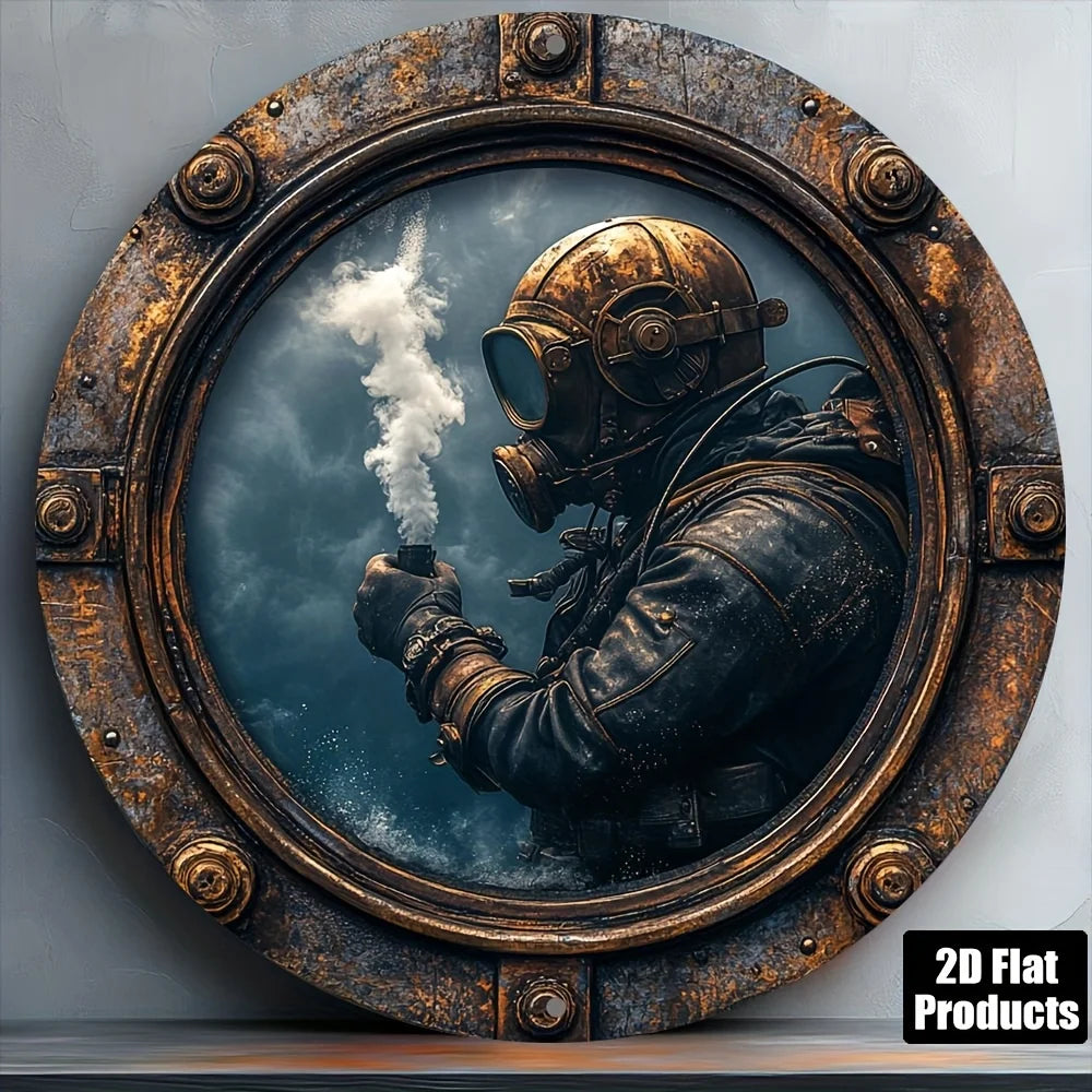 tableau mural métallique vintage steampunk plongeur marron noir bleu blanc texturé opaque réaliste