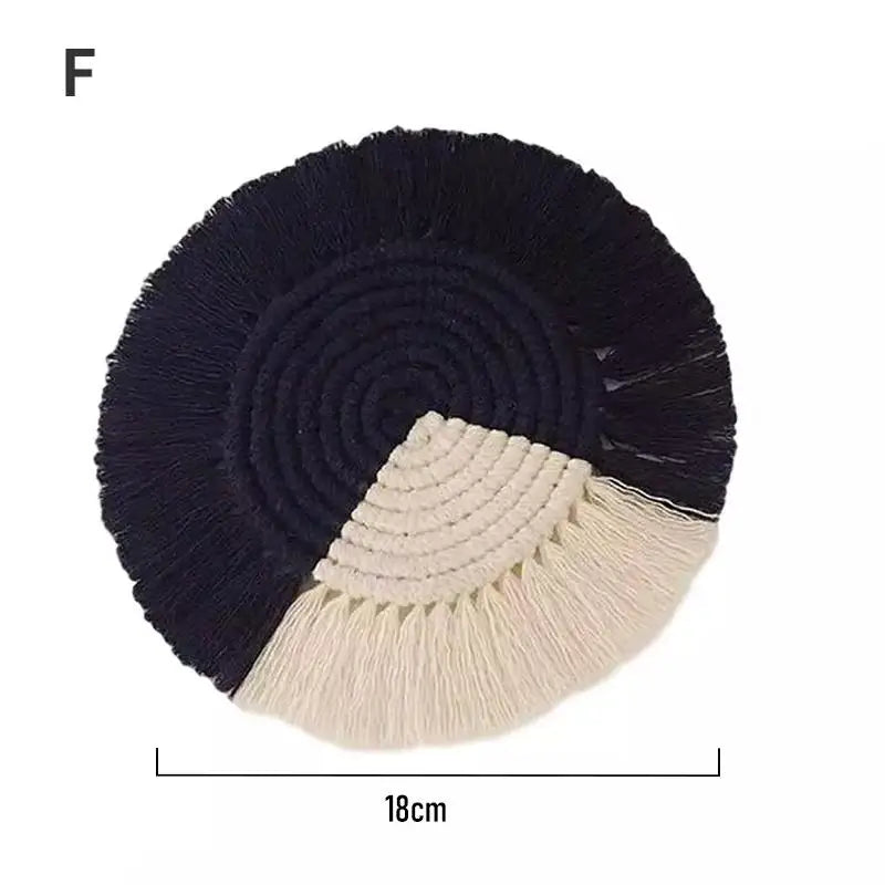 coasters tissu spirale tissée franges bohême artisanal couleur beige domestique utilisation protection table