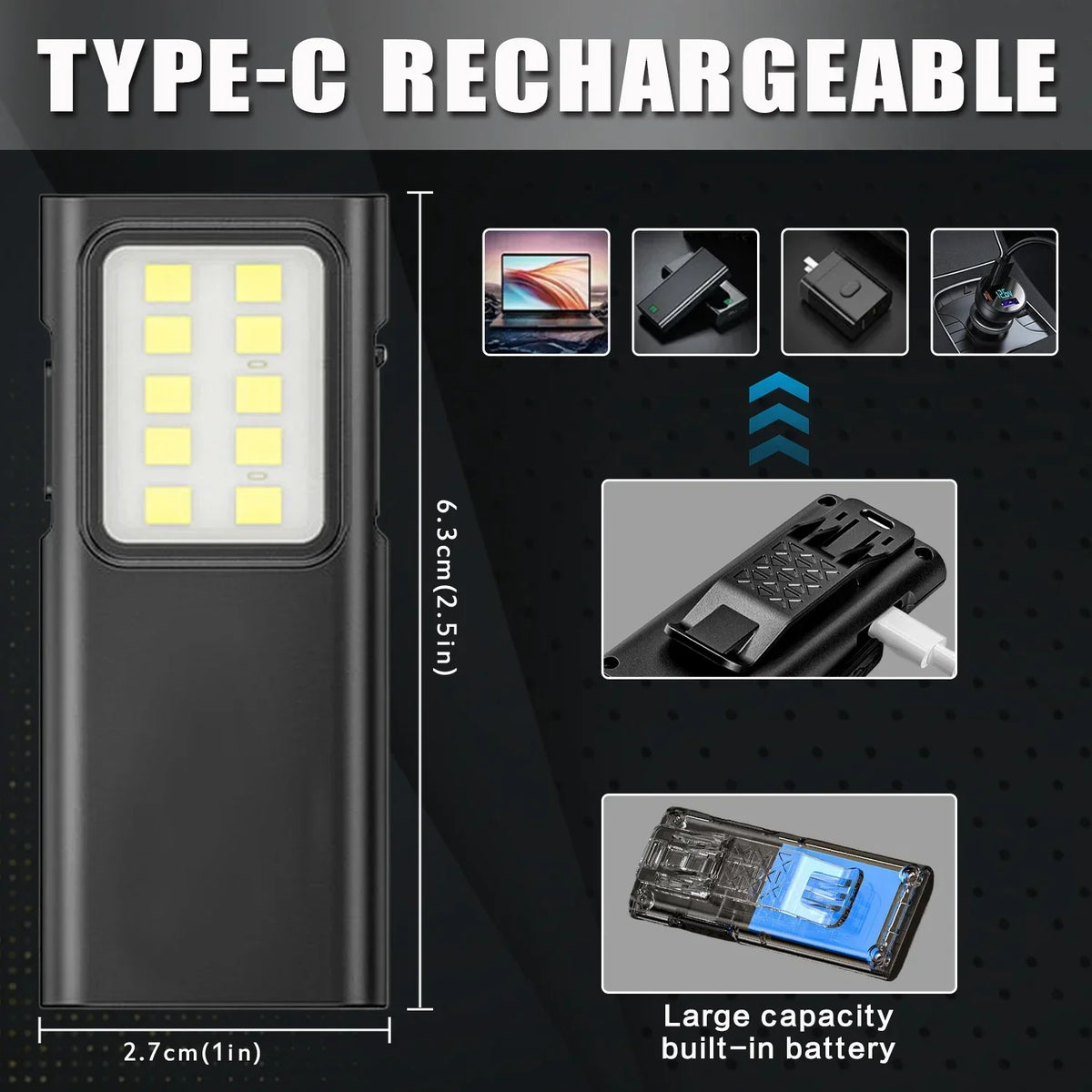 lampe poche rechargeable led portable clip noir cordon usb camping travail moderne