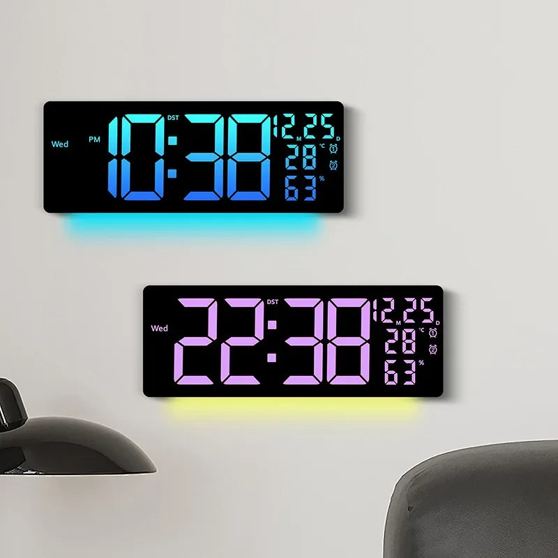 horloge murale numérique led moderne multicolore télécommande affichage date température réveil double