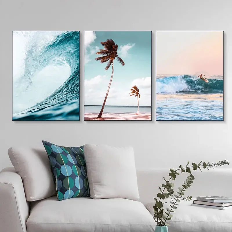 toile d'art moderne vagues palmiers coucher soleil clips cadre noir bleu vert beige rose